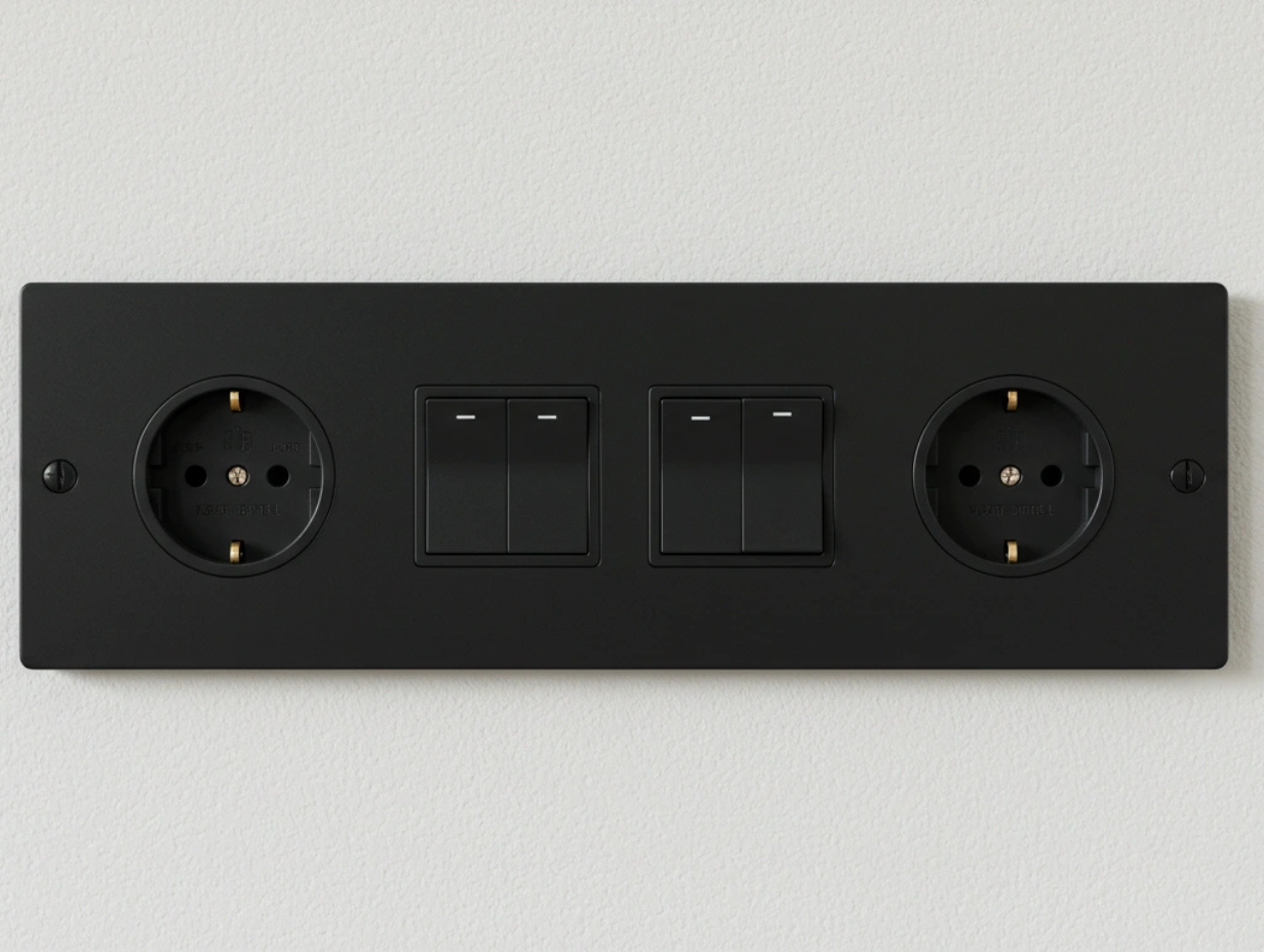 A black power outlet with two sockets, mounted on a light-colored wall.