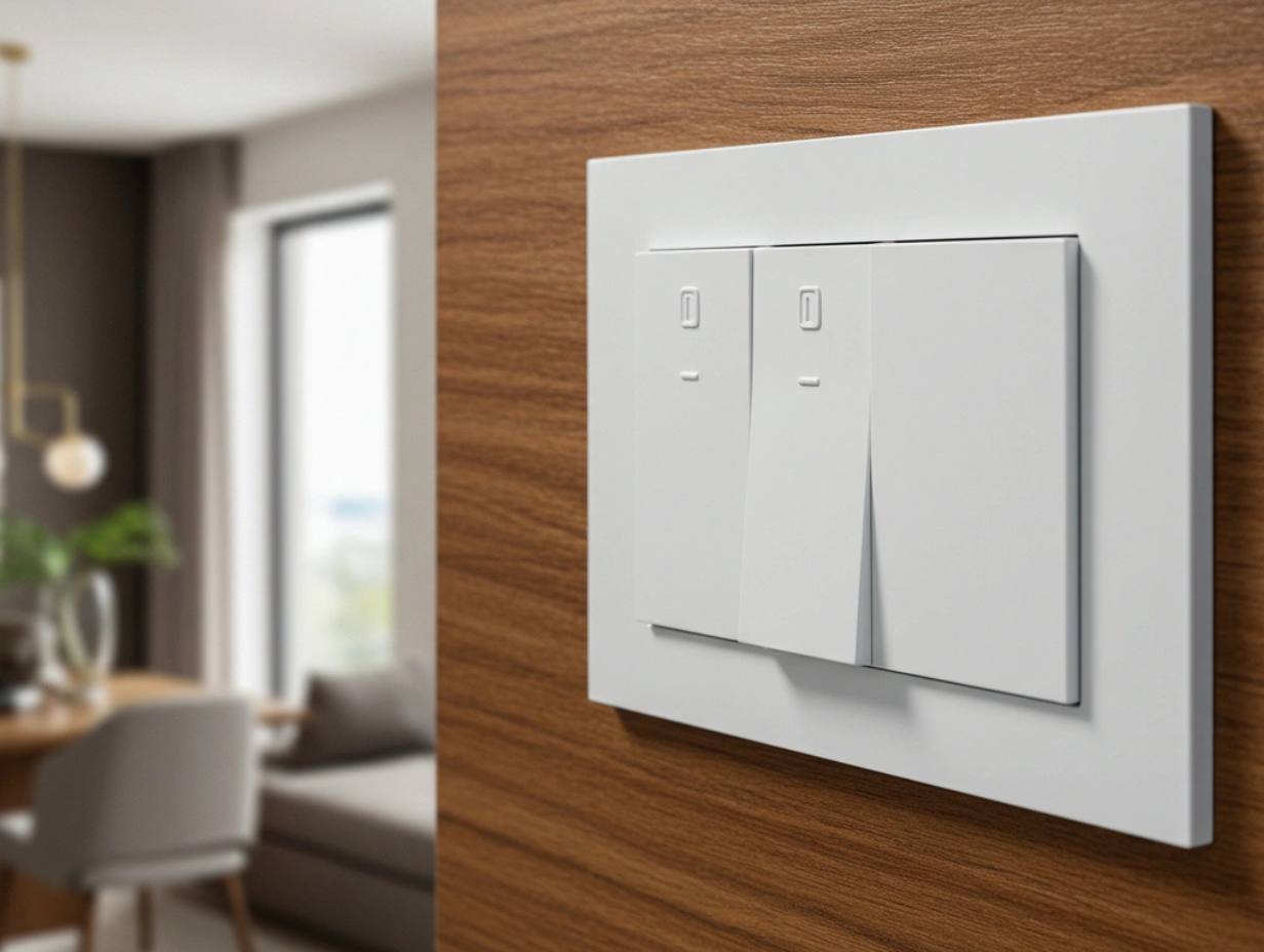 A white double switch panel with clean, minimal design, installed on a wooden wall.