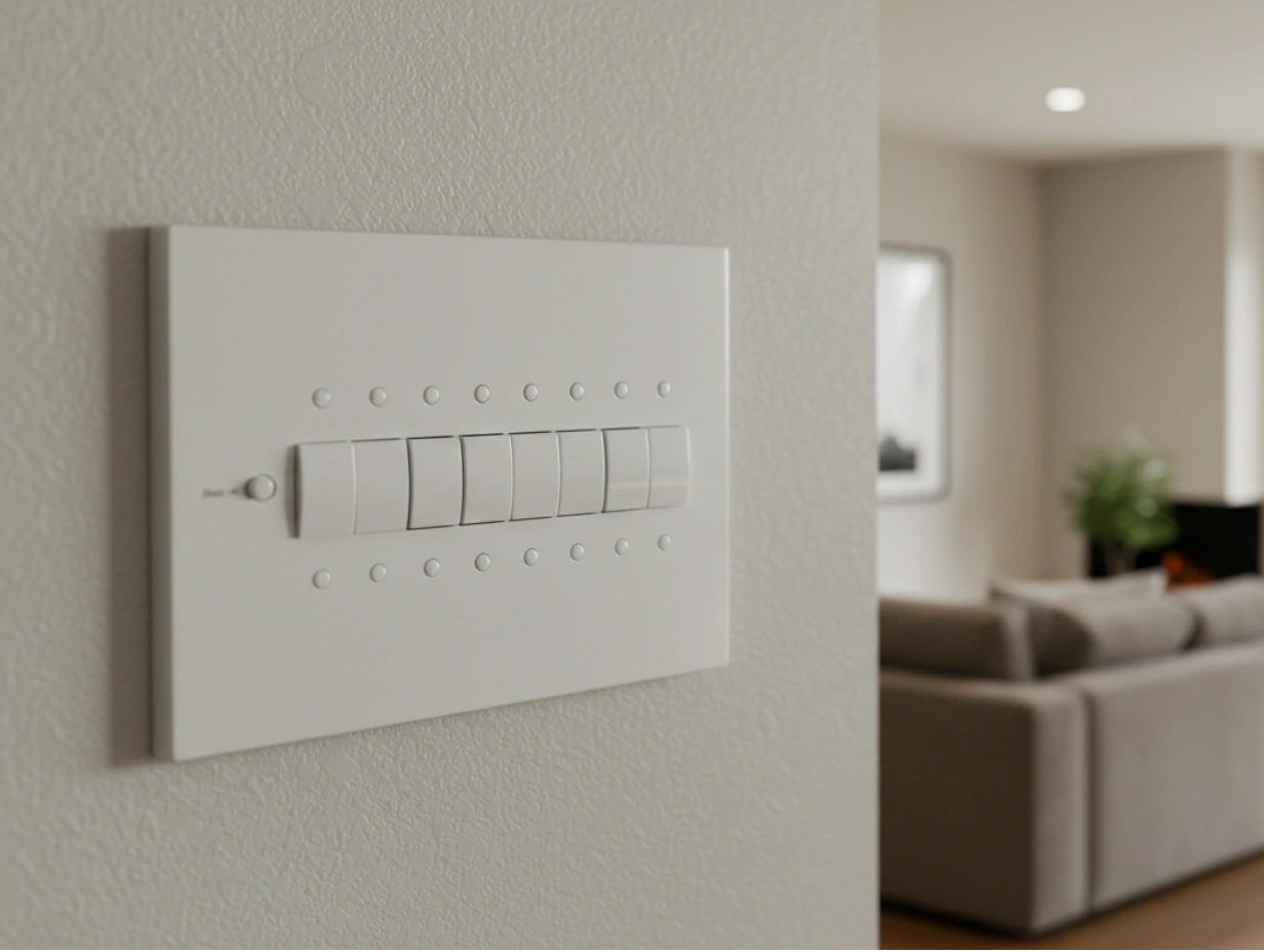 A white light switch panel with multiple switches, installed on a beige wall.