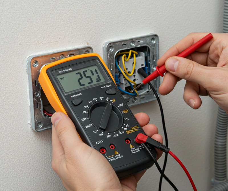 A technician using a multimeter to test a circuit, explaining that running multiple devices at once may overwhelm an old power setup, with a new switchboard installation improving power distribution and efficiency.