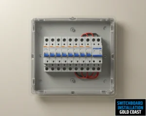 A close-up of a switchboard with circuit breakers, showing the organized wiring and electrical components.