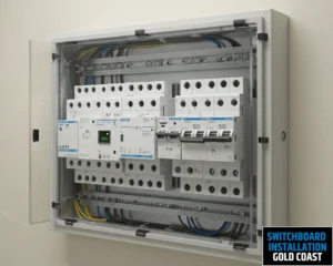 A detailed shot of a switchboard with labeled components and safety stickers.