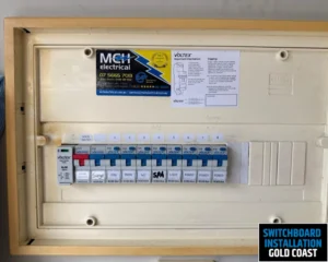 A photo of a switchboard with neatly organized breakers and a clear labeling of electrical circuits.