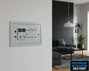 A switchboard installed on a wall in a living room, showing a modern electrical setup.