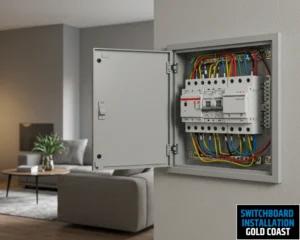 A close-up of electrical switchboard installed on a wall, showing the wiring and switch configuration.