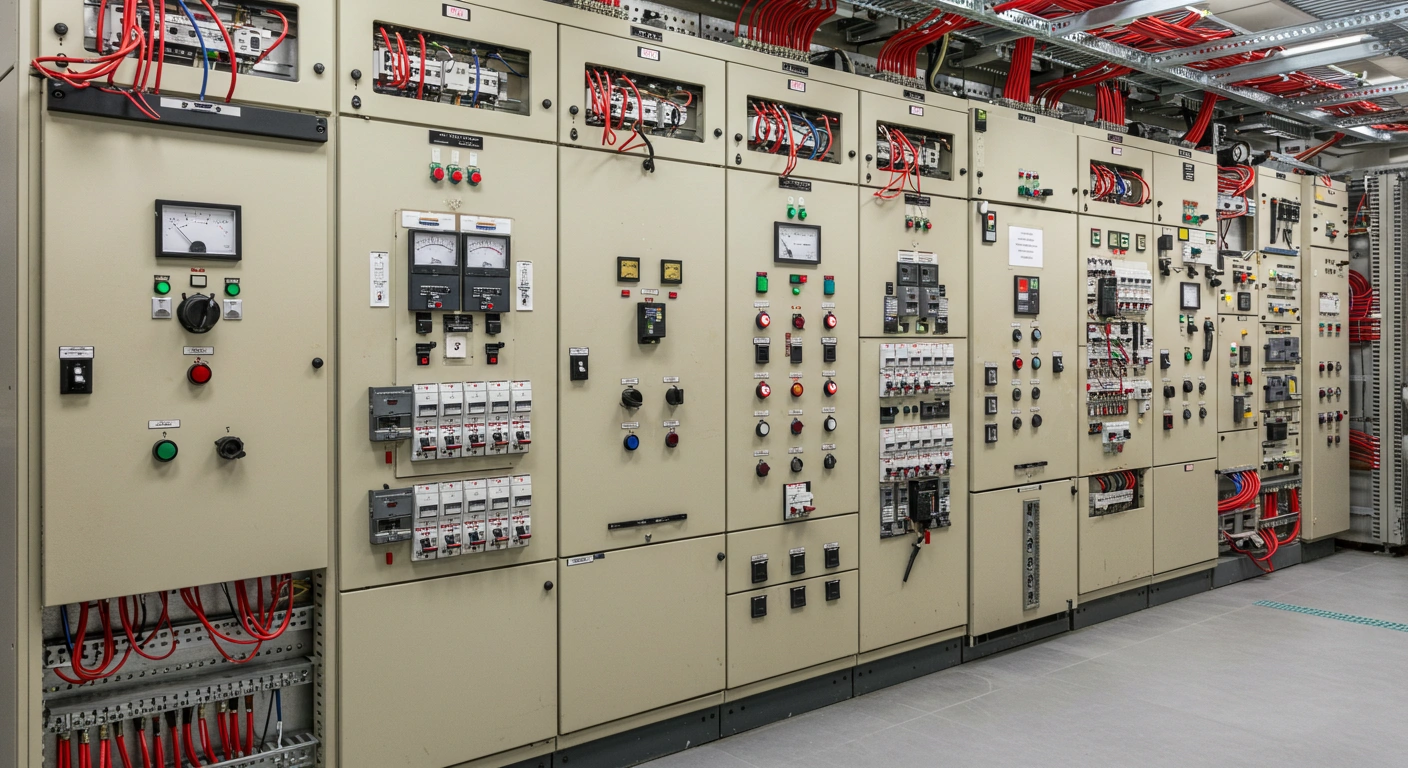 A photo of a large commercial switchboard with multiple panels and wiring, illustrating switchboard services for business buildings such as shops and offices.